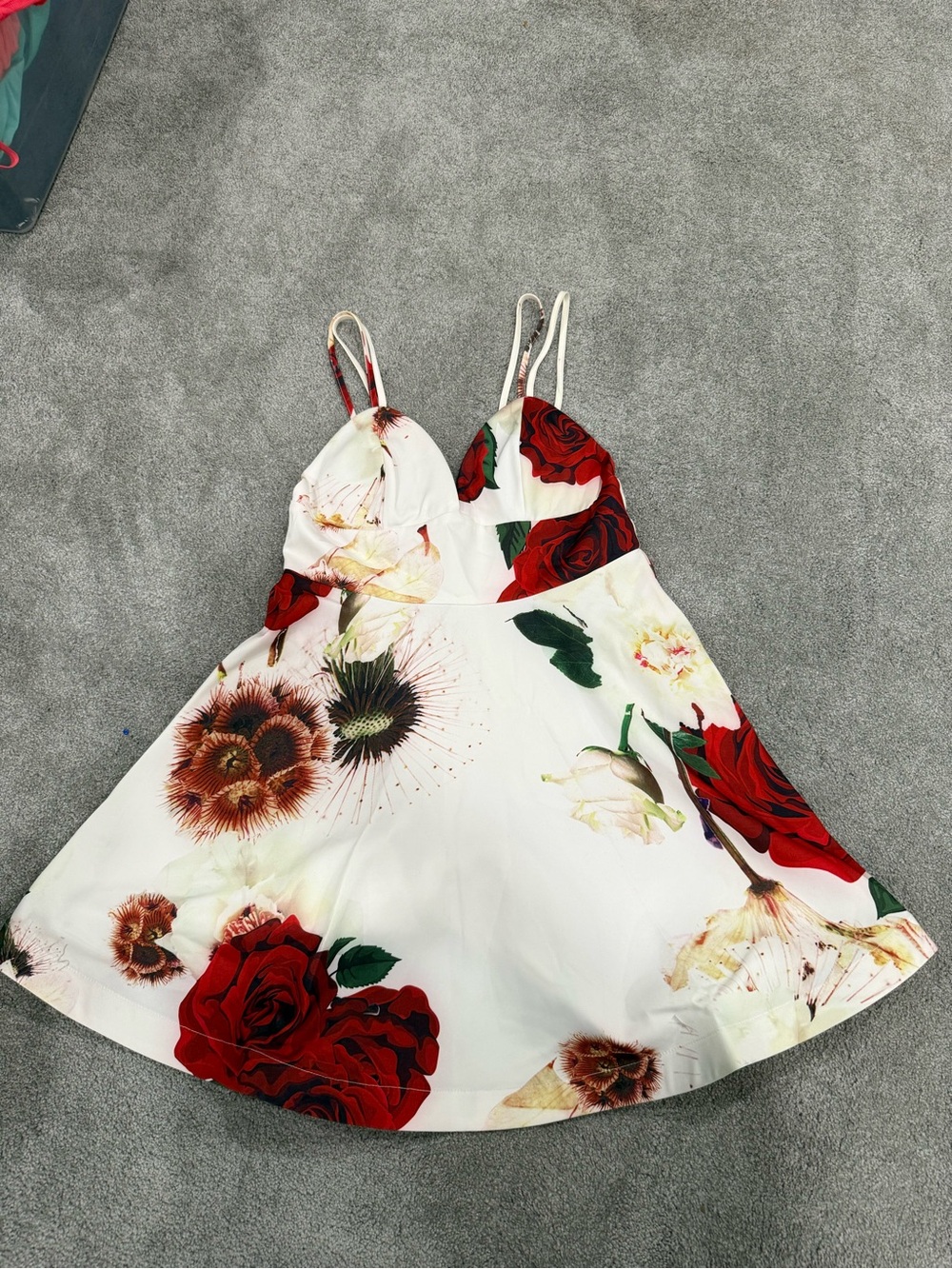 White Floral Spaghetti Strap Mini Dress with Red Roses